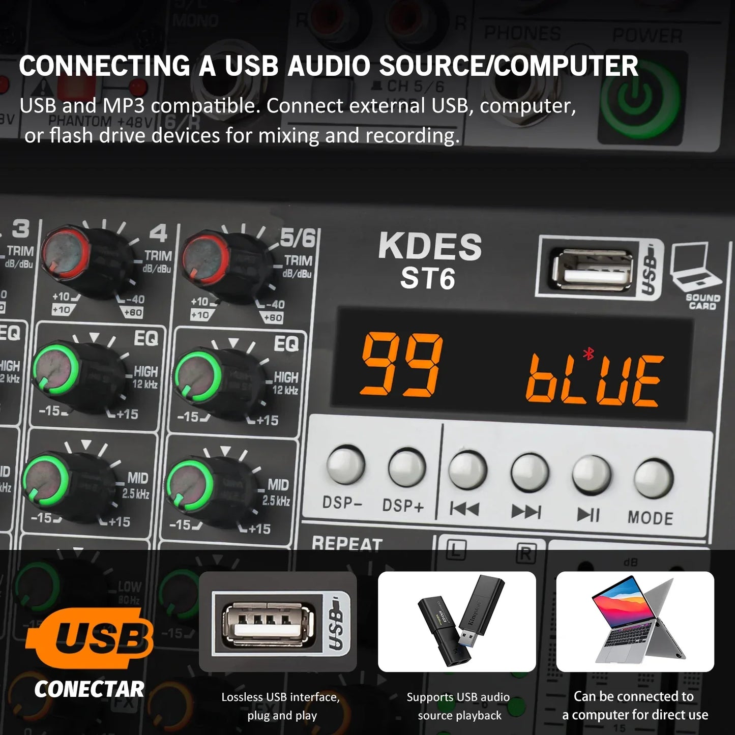Black kdes audio mixer with orange digital display and green knobs featuring dsp effect record and phantom power usb