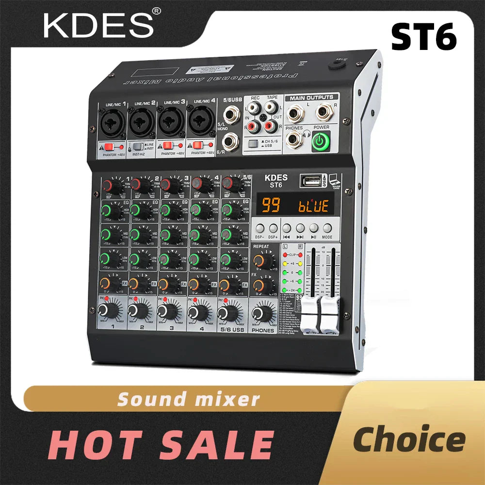 Black kdes audio mixer with dsp effect record digital display phantom power usb inputs and multiple control knobs