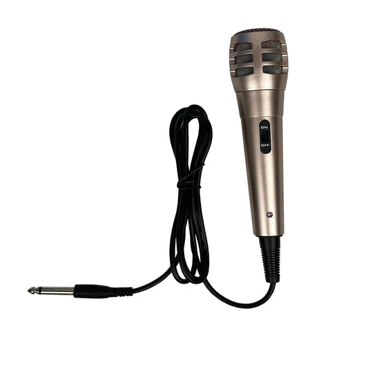 A sleek metallic gold kdes b58 wired dynamic microphone trolley with black coiled cable for karaoke ktv singing