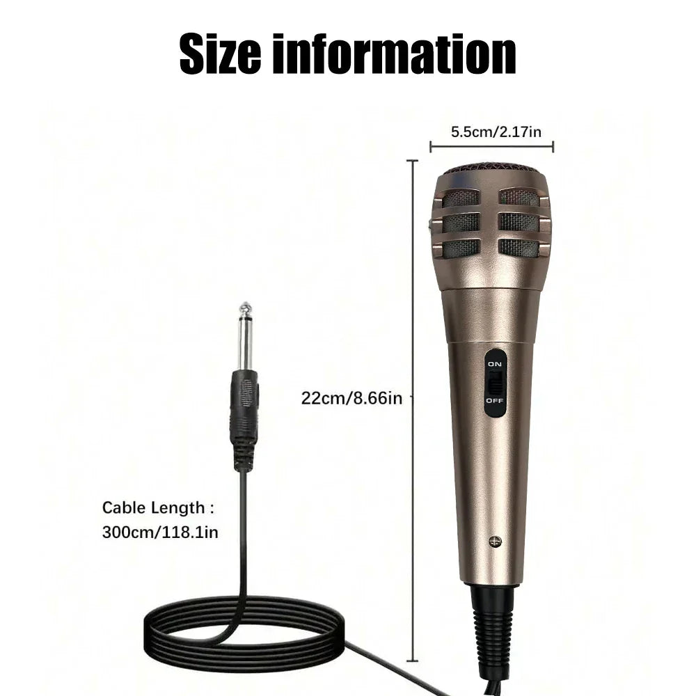 A sleek metallic gold kdes b58 wired dynamic microphone trolley with black cable and on off switch for karaoke ktv singing