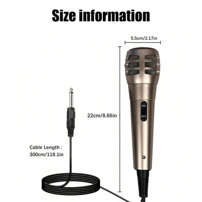 A sleek metallic gold kdes b58 wired dynamic microphone trolley with black cable and on off switch for karaoke ktv singing