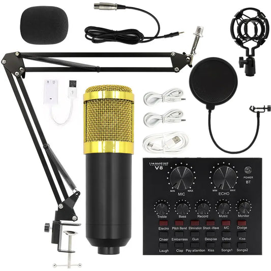 Gold and black kdes bm800 condenser microphone with mesh grille mounted on adjustable arm for chat game recording and mobile phone use