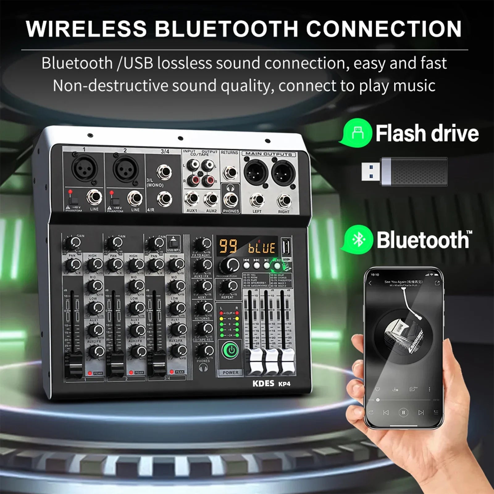 Black and silver kdes kp4 audio mixer with dsp effect record, bluetooth dj console, multiple ports, knobs, and digital display