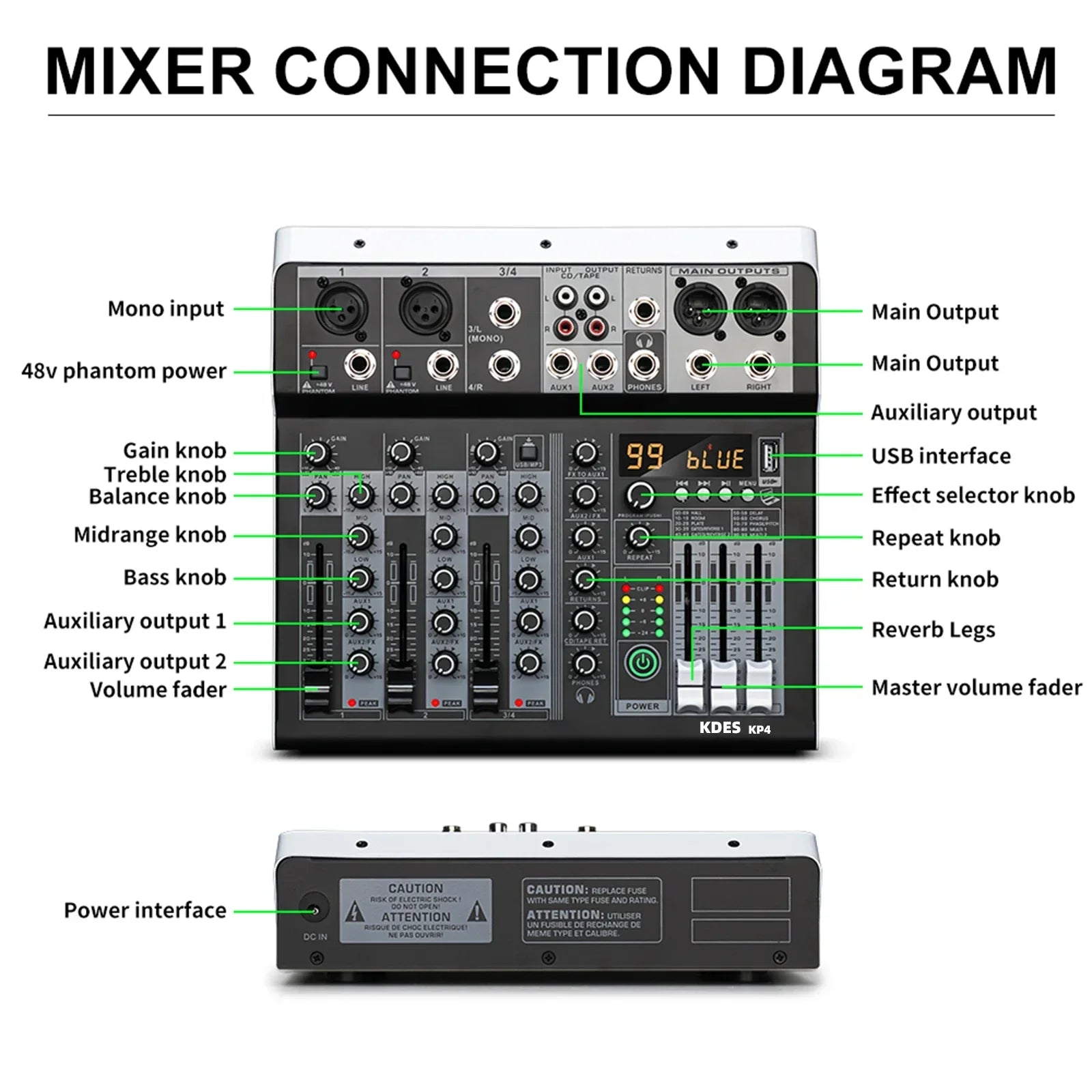 Black and silver kdes kp4 audio mixer with 48v phantom power sound mixers bluetooth and digital display for karaoke use