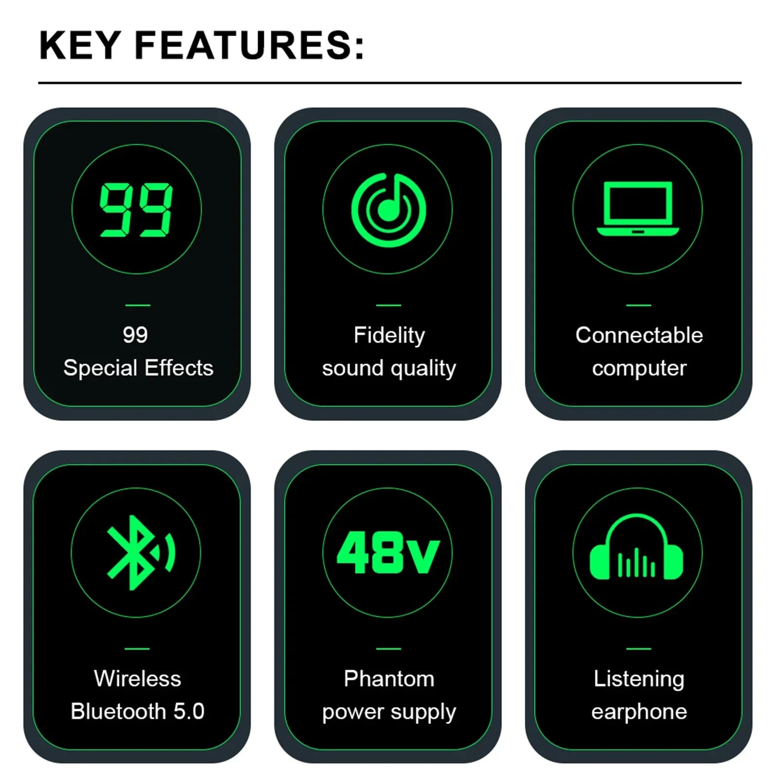 Black rectangular feature icons with glowing green text highlight key specs of kp4 audio mixer dsp effect record bluetooth dj console