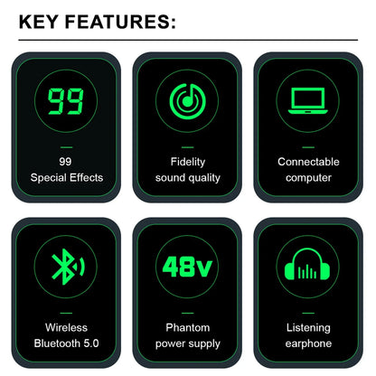 Black rectangular feature icons with glowing green text highlight key specs of kp4 audio mixer dsp effect record bluetooth dj console