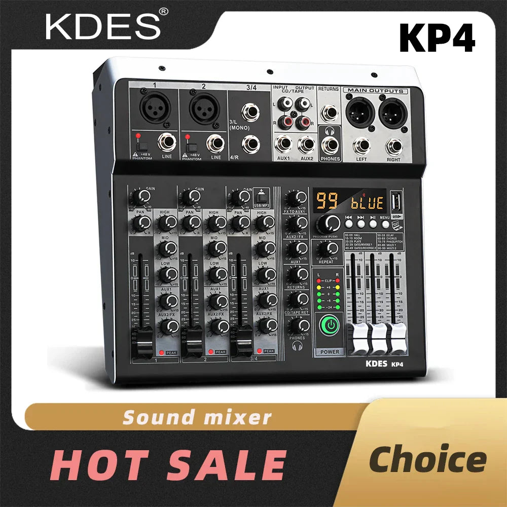 Black and silver kdes kp4 audio mixer with dsp effect record, bluetooth dj console, multiple jacks, knobs, faders, display