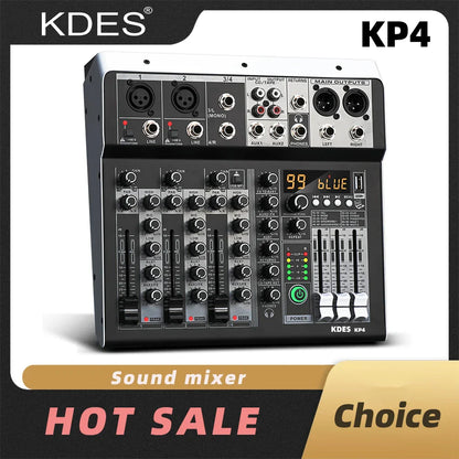 Black and silver kdes kp4 audio mixer with dsp effect record, bluetooth dj console, multiple jacks, knobs, faders, display