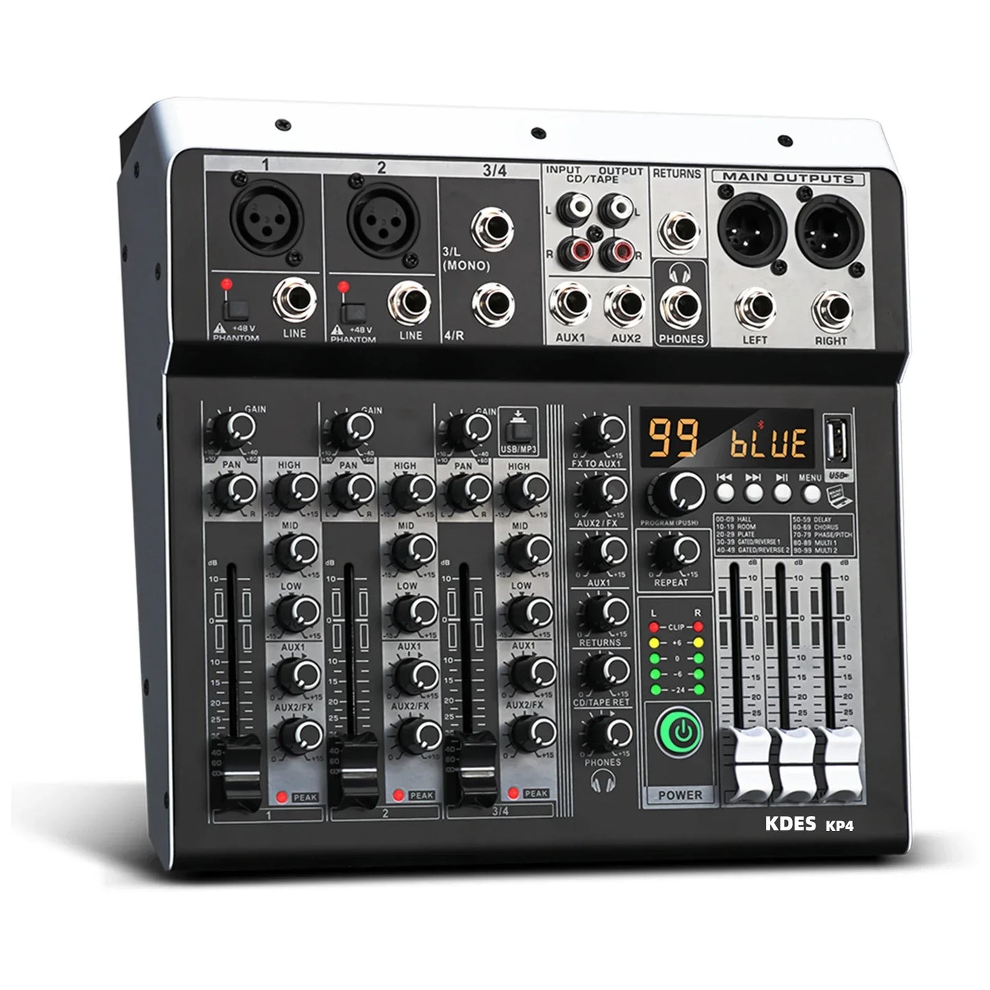 Black and silver kp4 audio mixer with dsp effect record bluetooth dj console multiple knobs faders and digital display