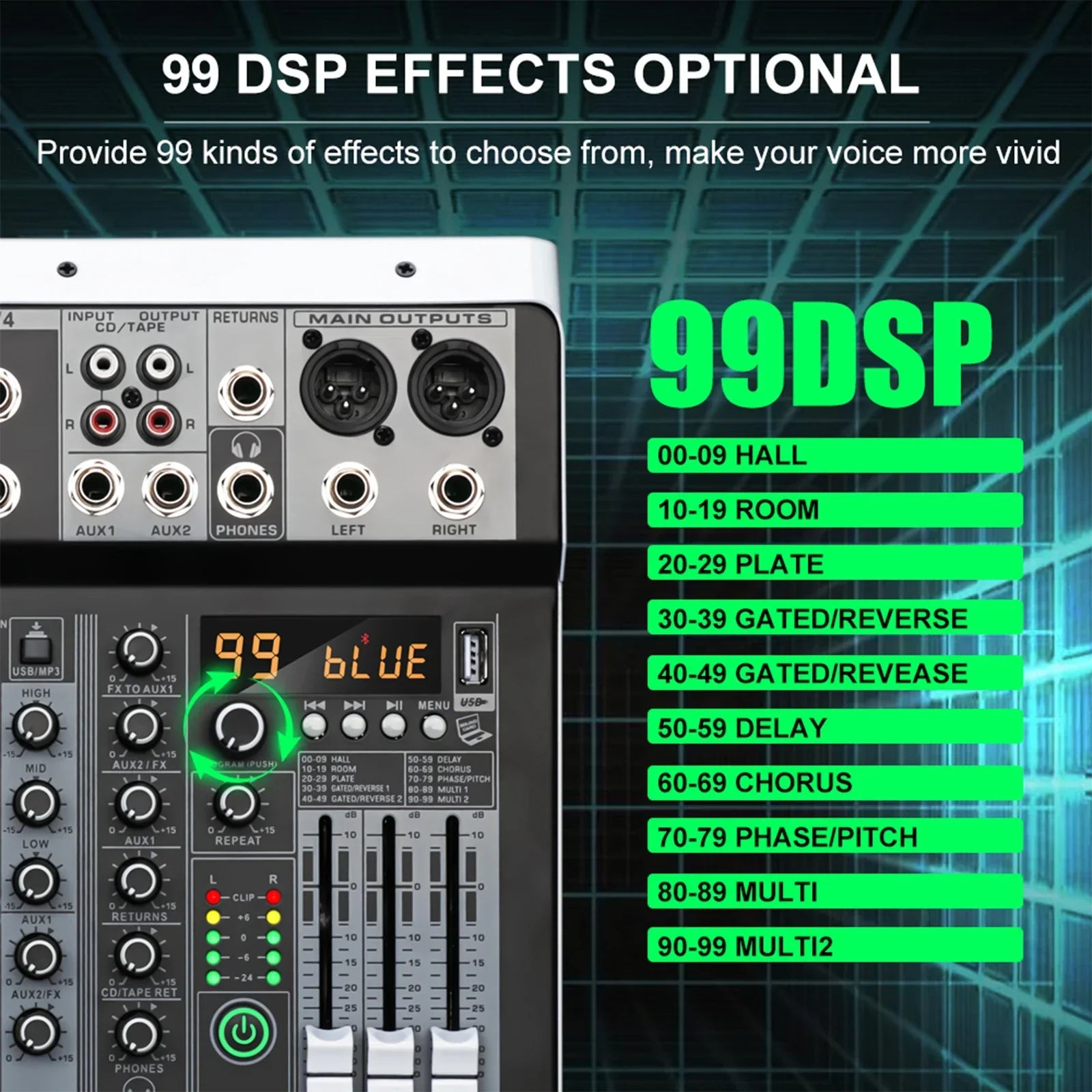 Black and silver kp4 audio mixer with dsp effect record digital display bluetooth dj console and multiple ports