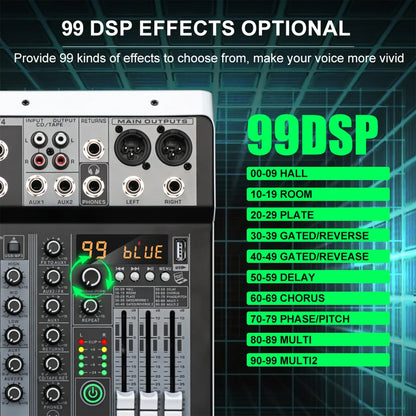 Black and silver kp4 audio mixer with dsp effect record digital display bluetooth dj console and multiple ports