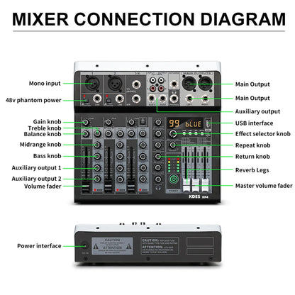 Black and silver KDES KP4 audio mixer with dsp effect record, USB, 48V phantom power, and bluetooth dj console features