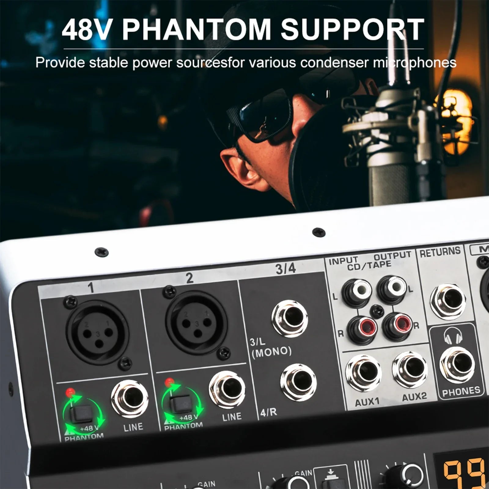 Black and silver kp4 audio mixer with 48v phantom power labeled jacks digital display and sound mixers bluetooth connectivity