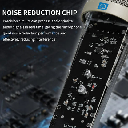 Black circuit board with silver capacitors and noise reduction chip in kdes u87 ai xlr condenser mic for recording podcasting voice streaming home studio