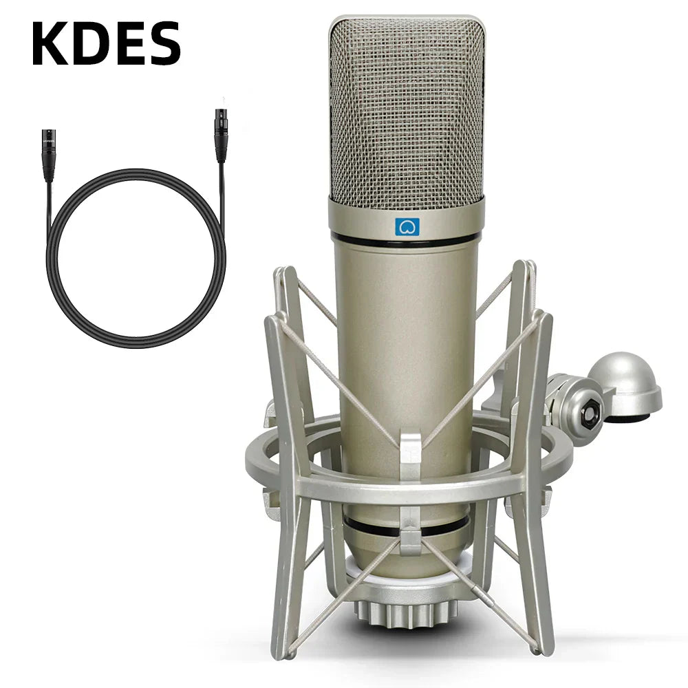 Kdes u87 ai xlr condenser microphone with metallic silver grille and shock mount for recording podcasting voice streaming home studio