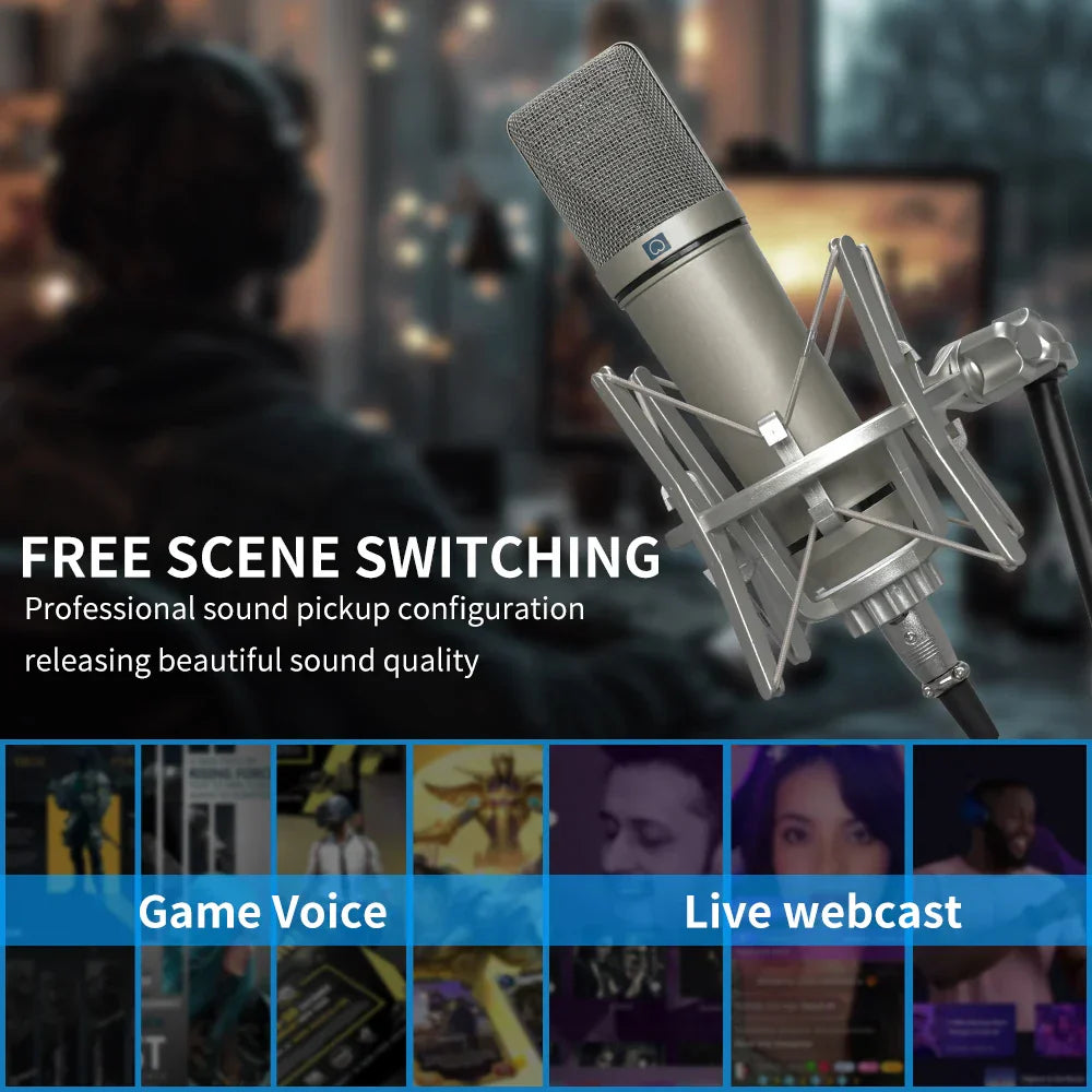 Silver condenser microphone with mesh grille and shock mount for u87 ai xlr recording podcasting voice streaming home studio