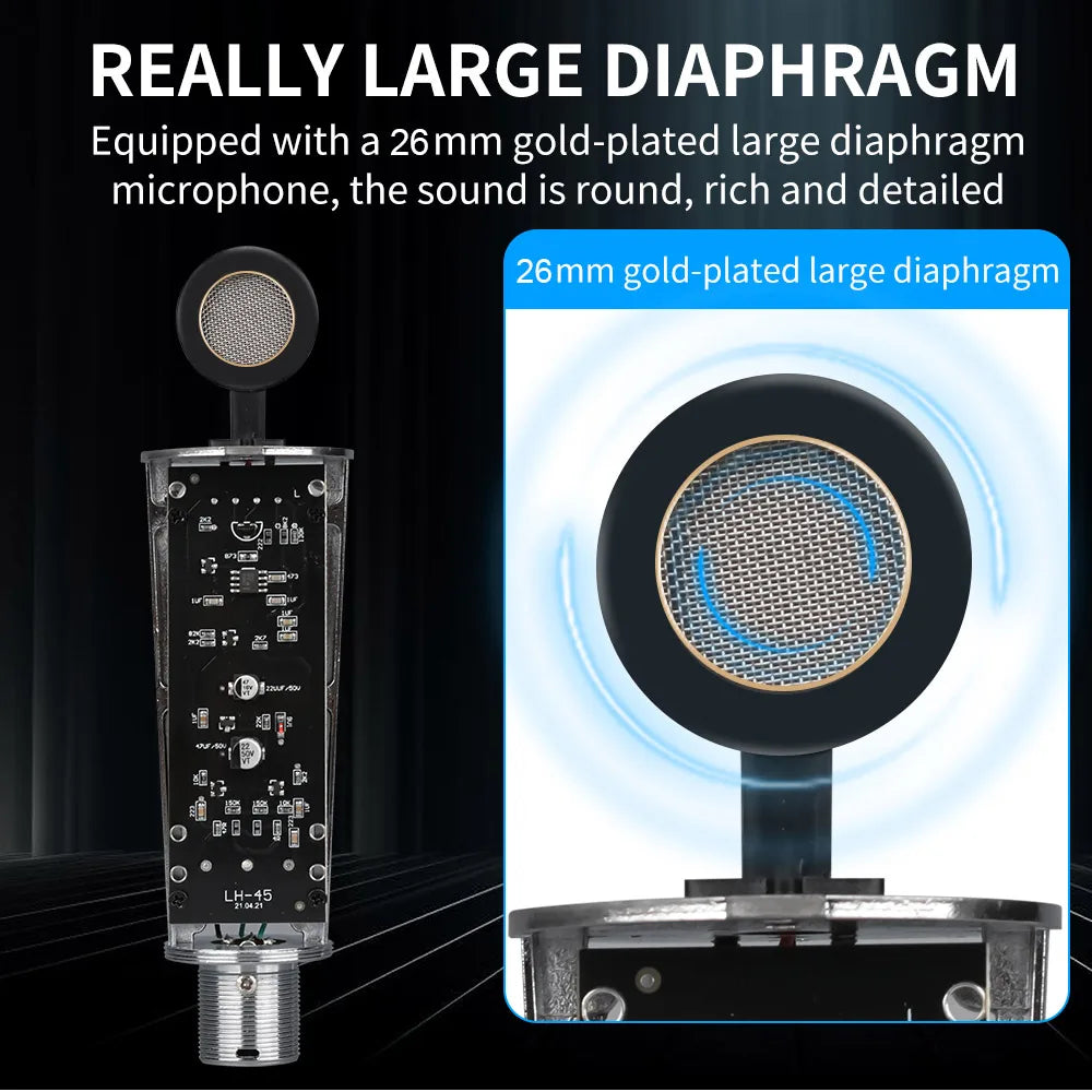 A sleek transparent microphone housing with 26mm gold plated large diaphragm for u87 ai xlr professional cardioid studio recording podcasting voice