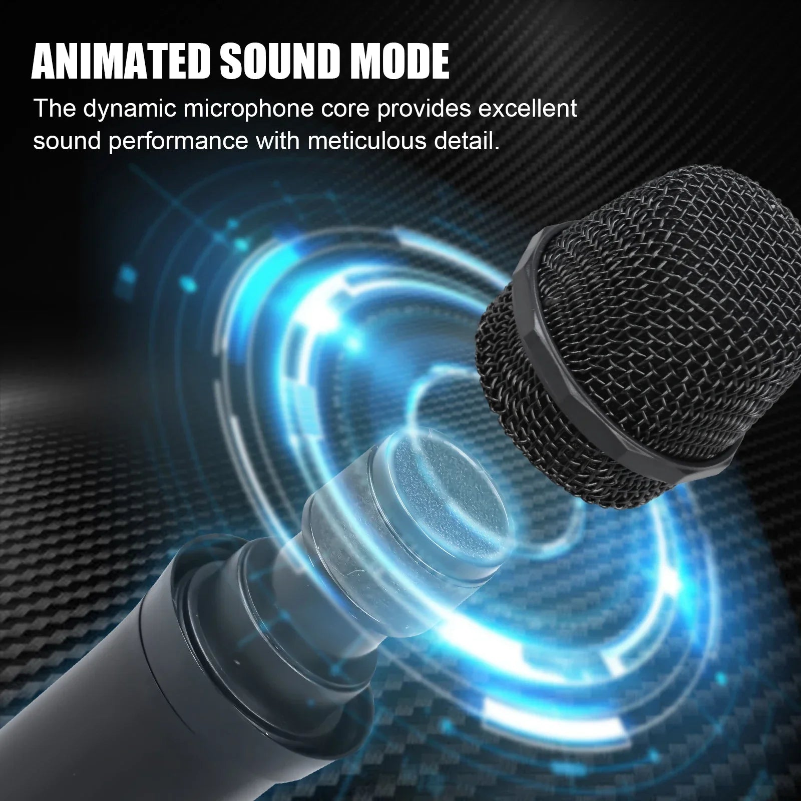 Black v400 wireless microphone with mesh grille and metallic body featuring animated sound mode graphic for karaoke wedding party channel uhf fixed use
