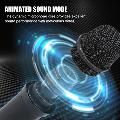 Black v400 wireless microphone with mesh grille and metallic body featuring animated sound mode graphic for karaoke wedding party channel uhf fixed use