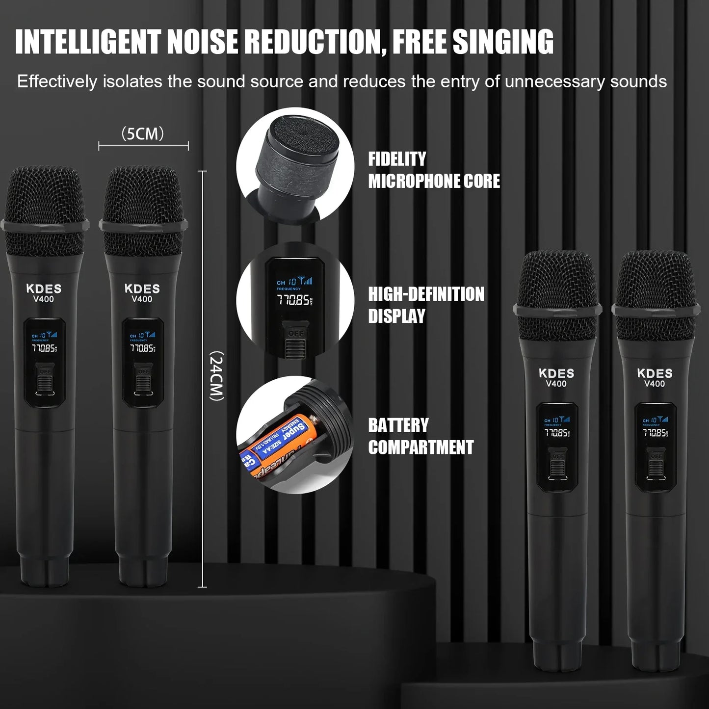 Black kdes v400 wireless microphone handheld with mesh grille digital display 4 channel uhf fixed for karaoke wedding party