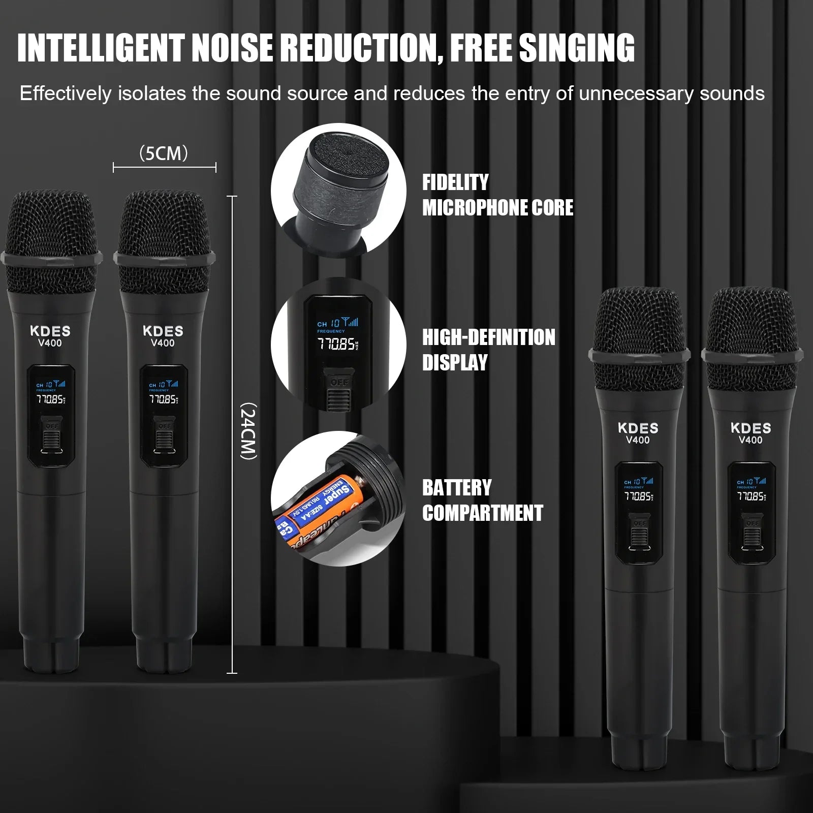 Black kdes v400 wireless microphone handheld with mesh grille digital display 4 channel uhf fixed for karaoke wedding party