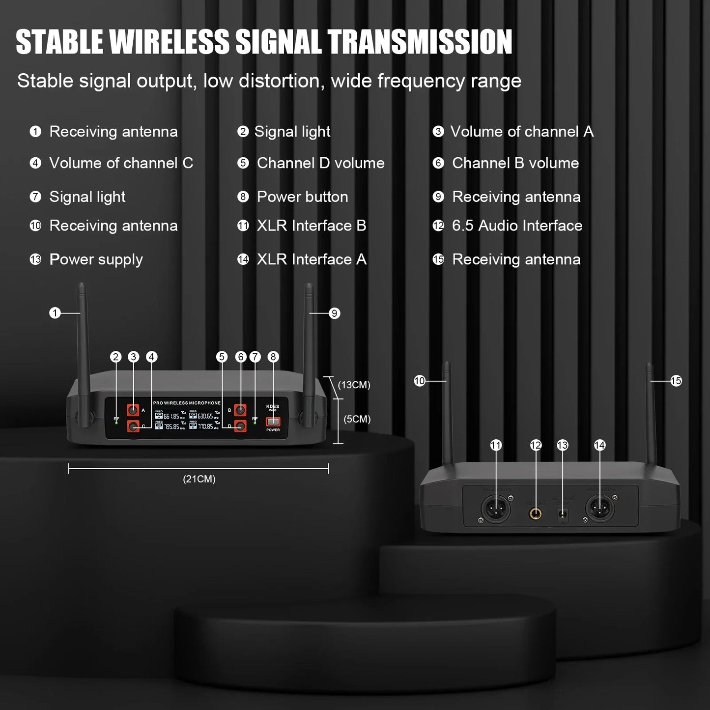 Black v400 wireless microphone receiver with two antennas and XLR audio interfaces for channel UHF fixed karaoke wedding party use