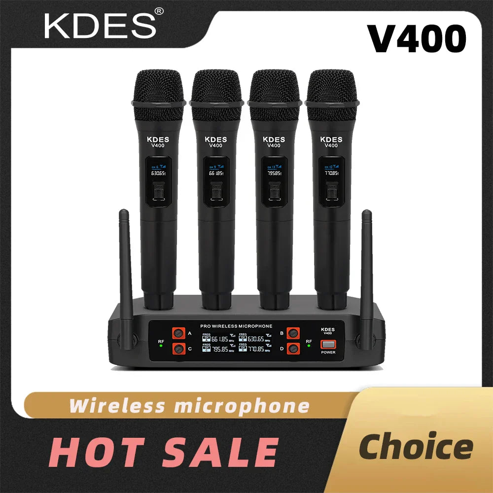 Set of four black kdes v400 wireless microphones with digital displays and uhf fixed channel receiver base for karaoke wedding party