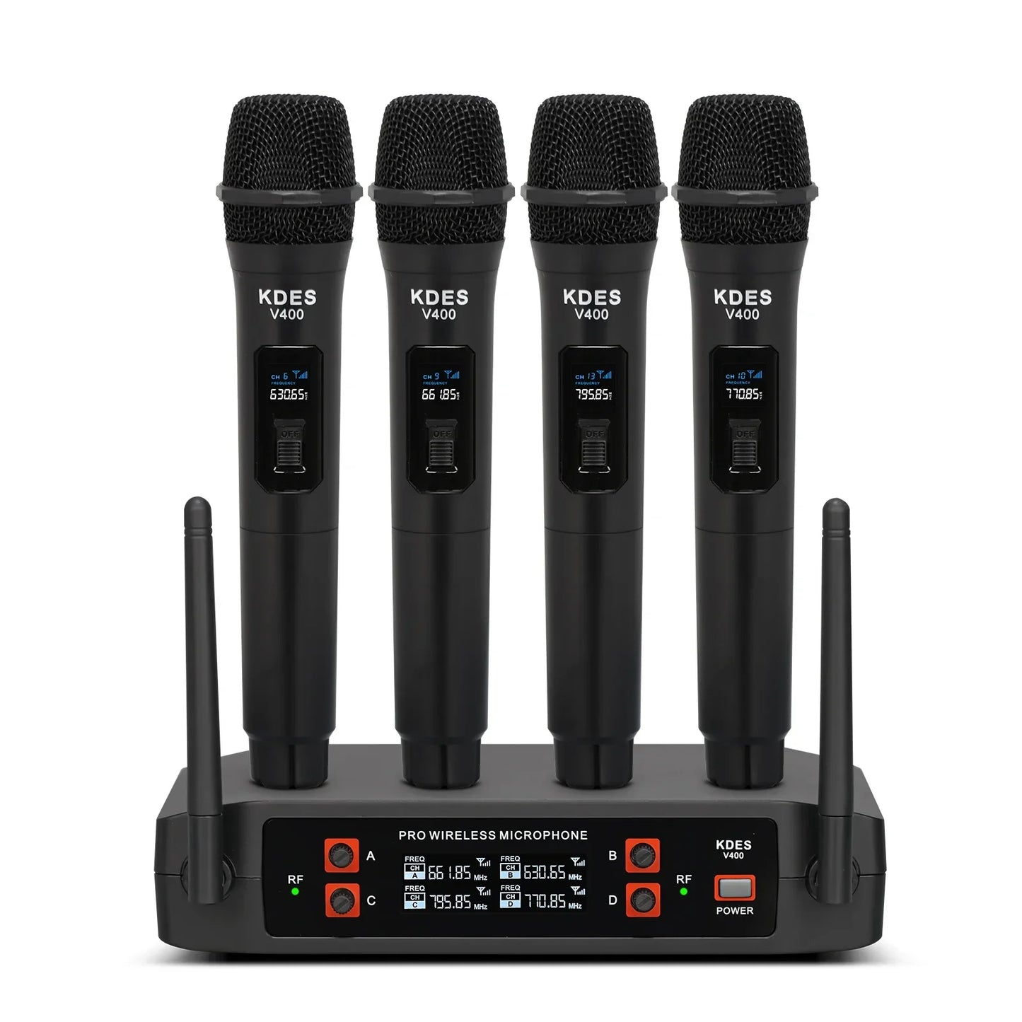 Set of four black kdes v400 wireless microphones with mesh grilles and uhf fixed frequency receiver for karaoke wedding party