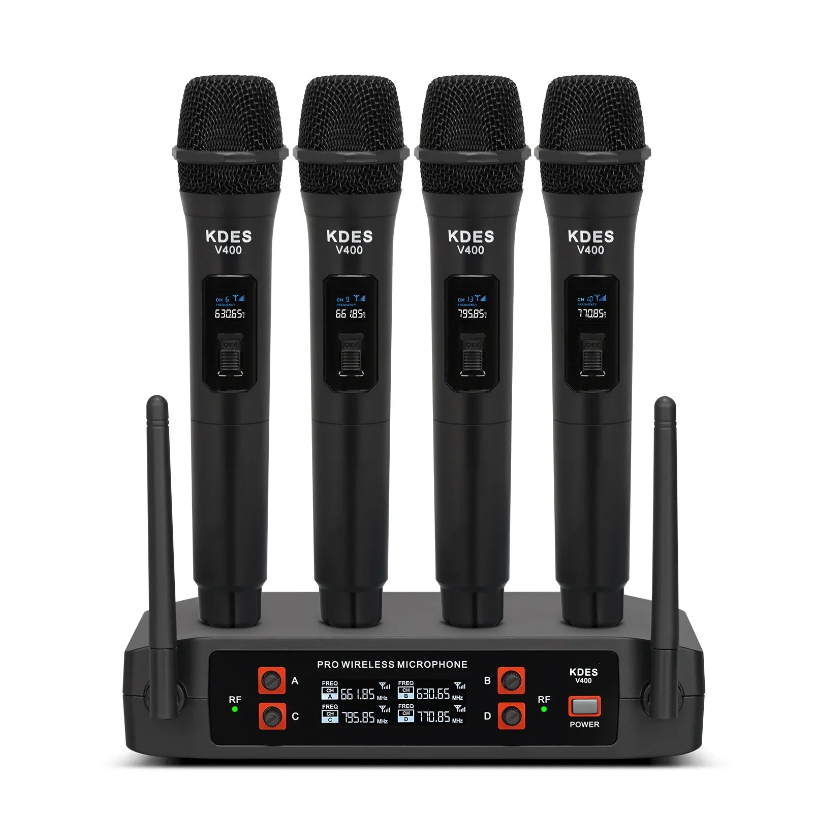 Set of four black kdes v400 wireless microphones with mesh grilles and uhf fixed frequency receiver for karaoke wedding party