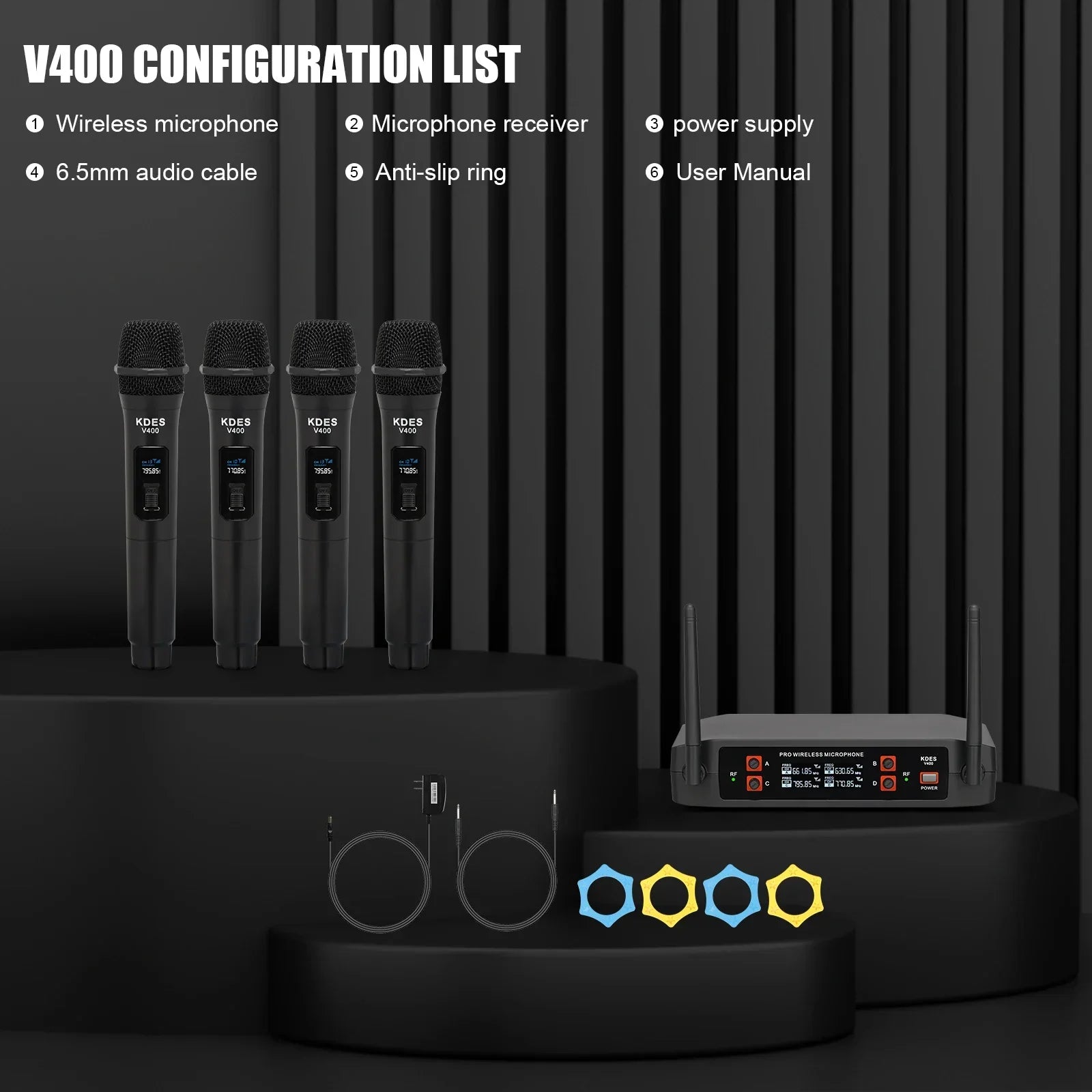 Set of four black kd8s v400 wireless microphones with mesh grilles and channel uhf fixed frequency for karaoke wedding party