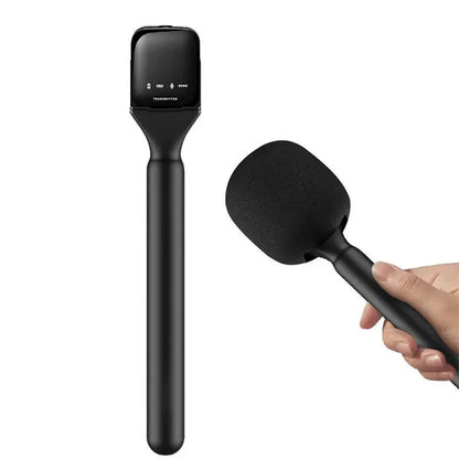 Black wireless karaoke microphone with foam cover and transmitter unit for kdes wireless lavalier vlog interview podcast use
