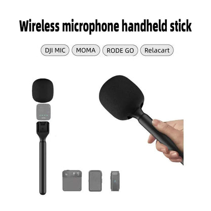 Black wireless handheld microphone stick with foam windscreen and ergonomic handle for kdes wireless lavalier vlog interview podcast handheld microphone adapter