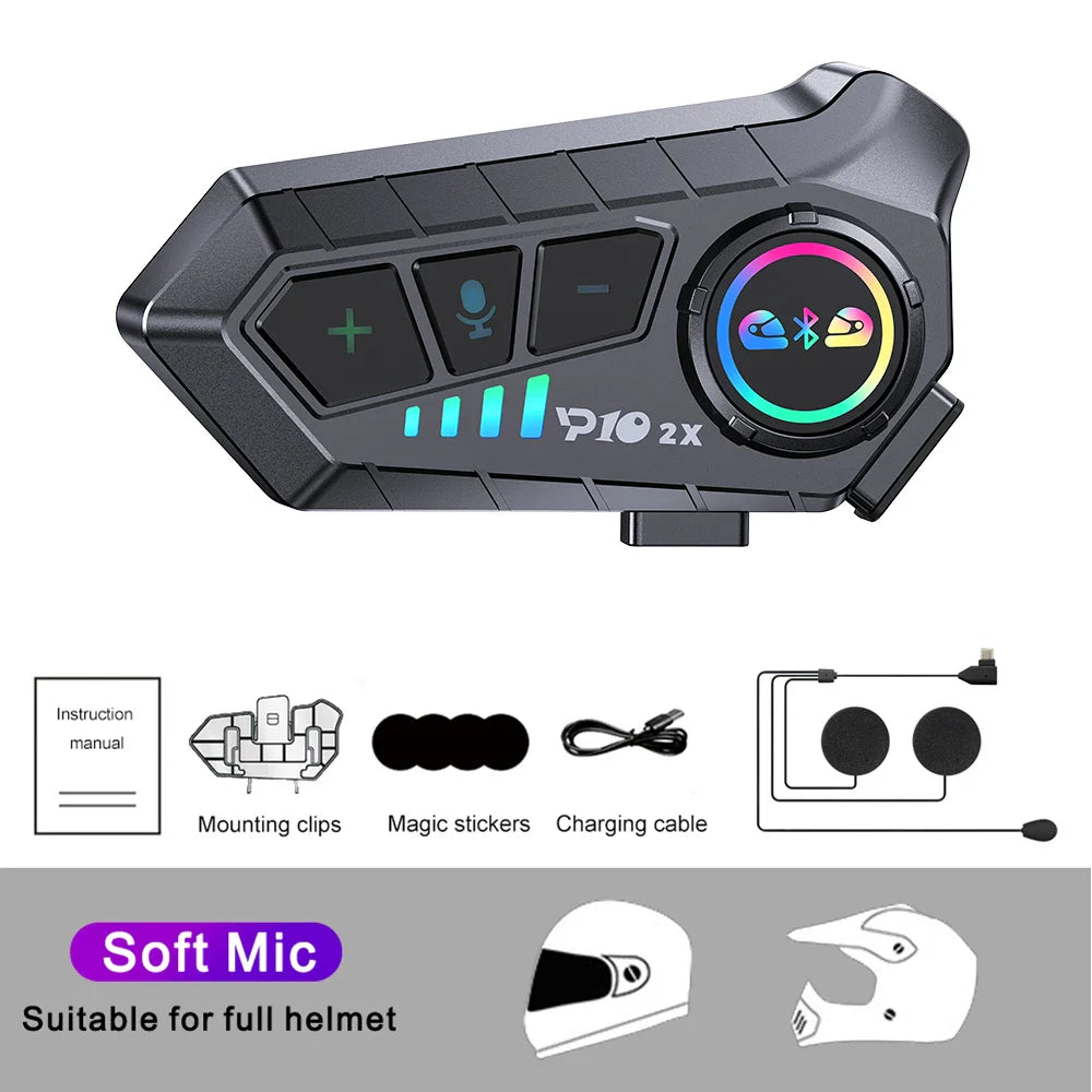 Black p10 2x motorcycle helmet intercom with rgb lighting and tactile buttons for riders intercommunicator 300m waterproof music sharing