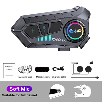 Black p10 2x motorcycle helmet intercom with rgb lighting and tactile buttons for riders intercommunicator 300m waterproof music sharing