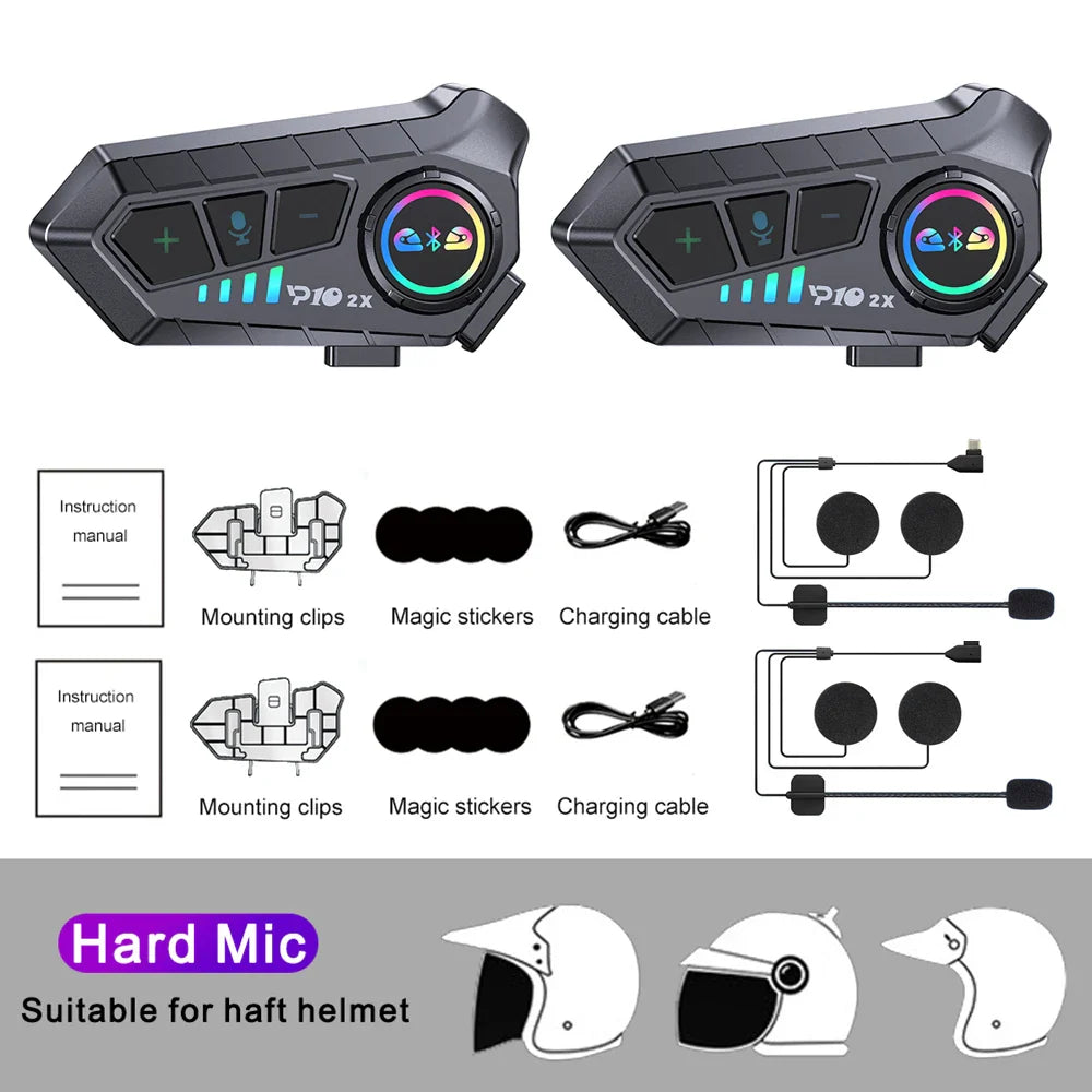 Black p10 2x motorcycle helmet intercoms with colorful led displays and tactile buttons for riders intercommunicator 300m waterproof music sharing