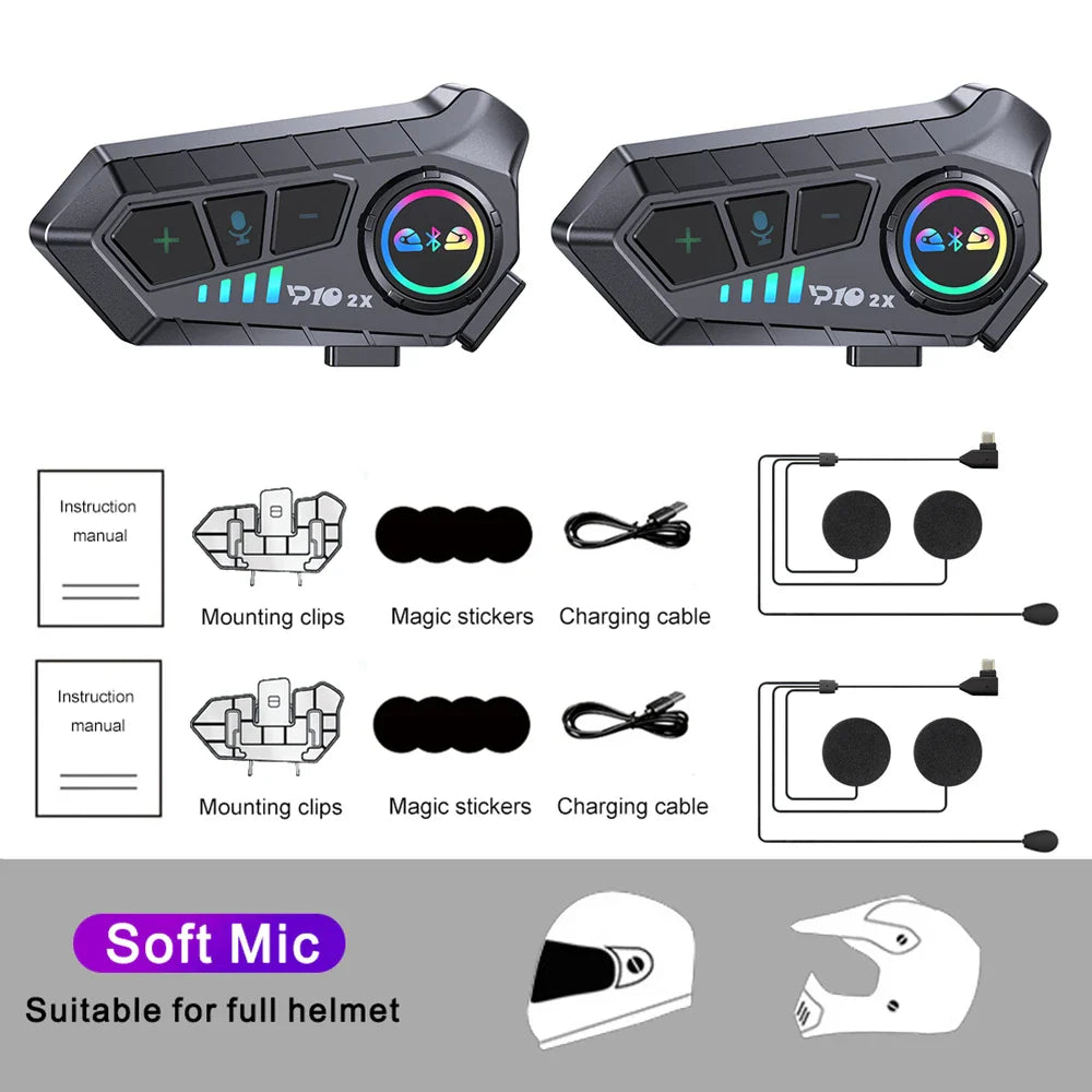 Black p10 2x motorcycle helmet intercoms with colorful led displays and tactile buttons for riders intercommunicator 300m waterproof music sharing