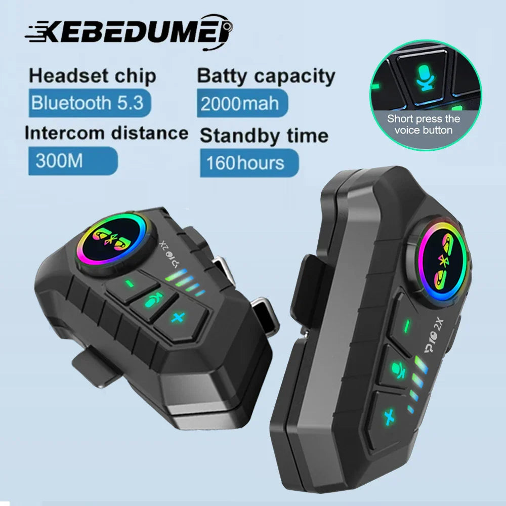 Black kebidumei bluetooth 5.3 motorcycle intercom with rgb lighting and tactile buttons riders intercommunicator 300m waterproof music sharing