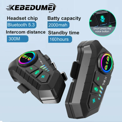 Black kebidumei bluetooth 5.3 motorcycle intercom with rgb lighting and tactile buttons riders intercommunicator 300m waterproof music sharing