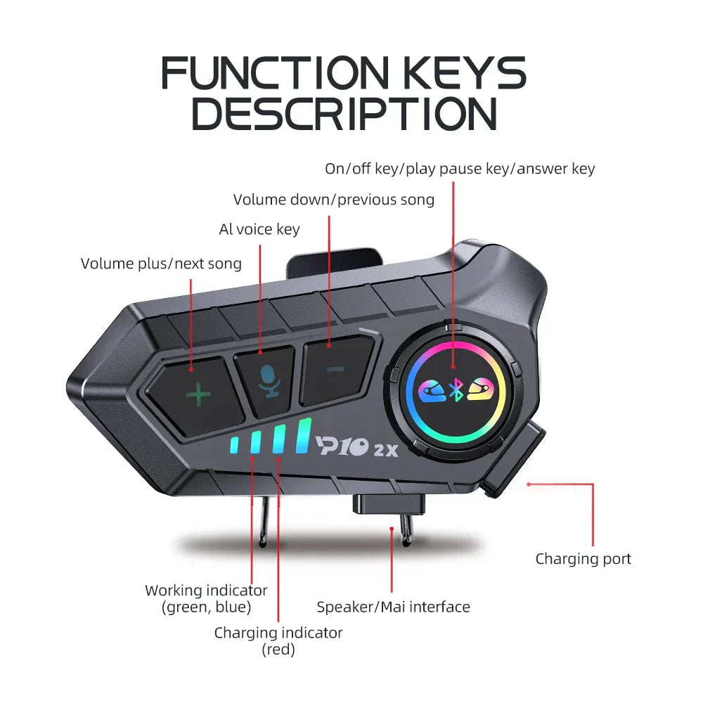 Black p10 2x motorcycle helmet intercom with rgb lighting and tactile keys for riders intercommunicator 300m waterproof music sharing