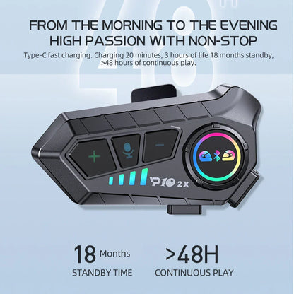 Black rugged motorcycle helmet communication device with colorful led display and tactile buttons riders intercommunicator 300m waterproof music sharing
