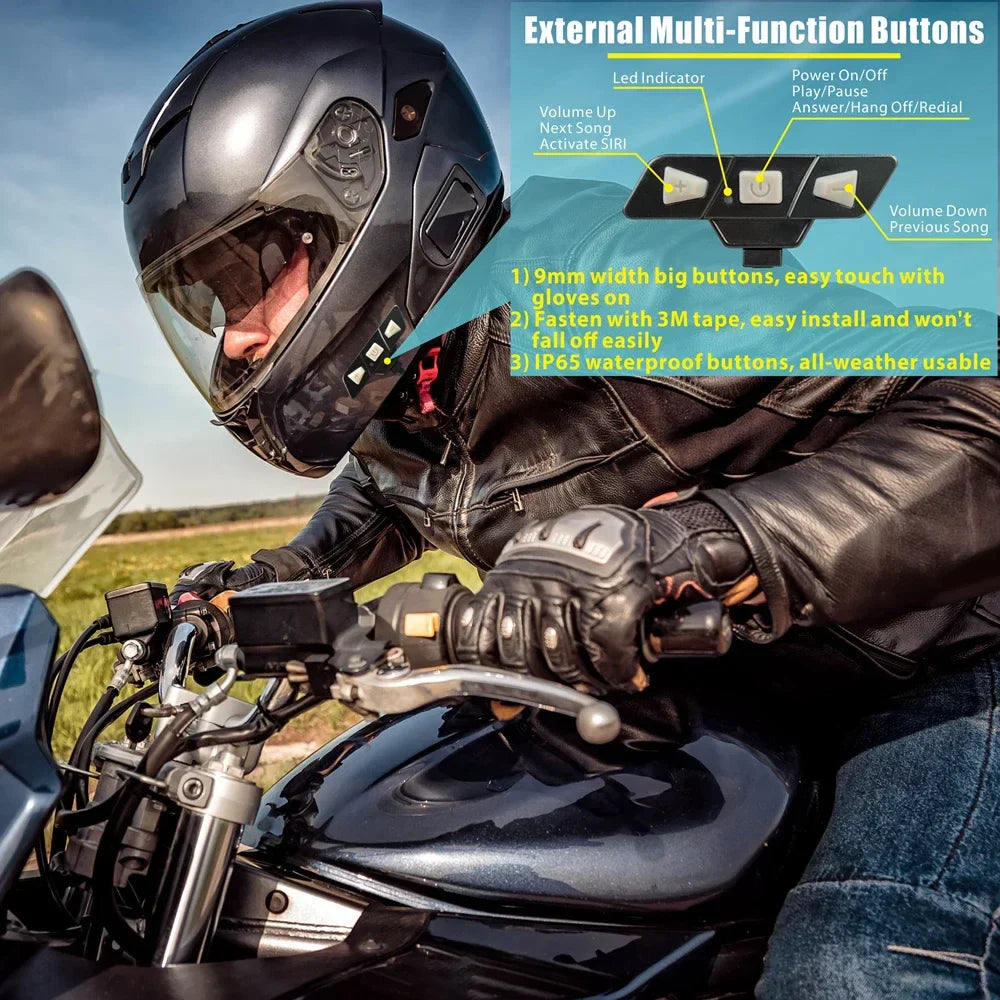 Black Kebidumei motorcycle helmet headset wireless with integrated multi-function audio control buttons for moto noise reduction
