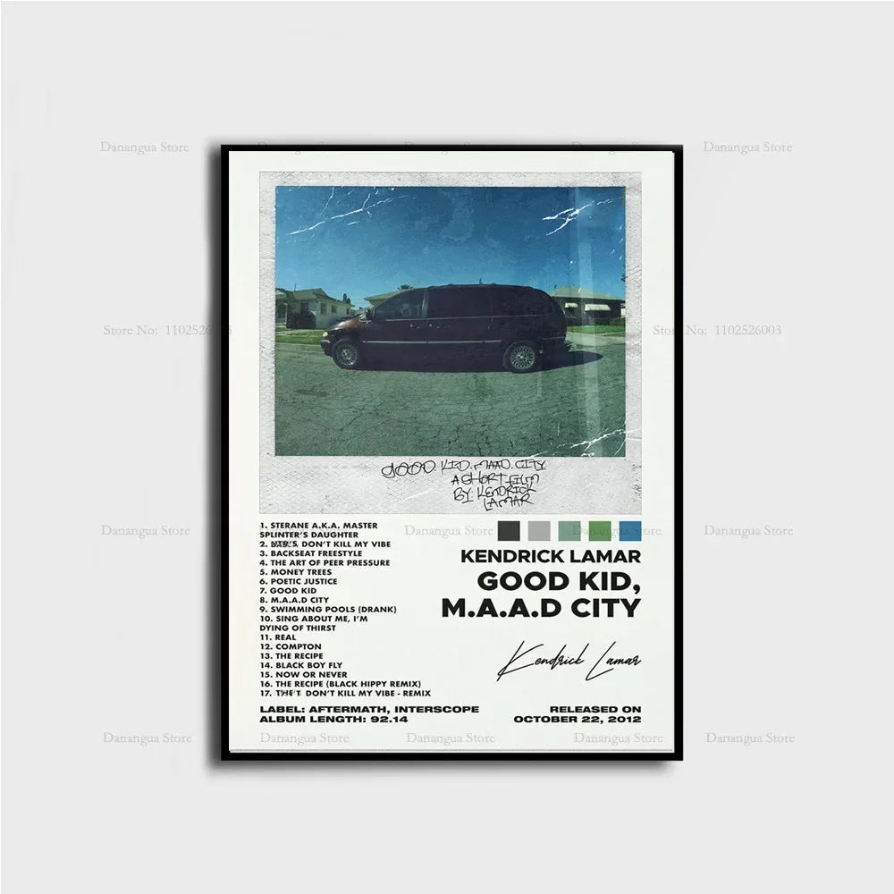 Framed poster of a black minivan from kendrick lamar good kid maad city album cover hip hop wall art decor