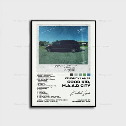 Framed poster of a black minivan from kendrick lamar good kid maad city album cover hip hop wall art decor