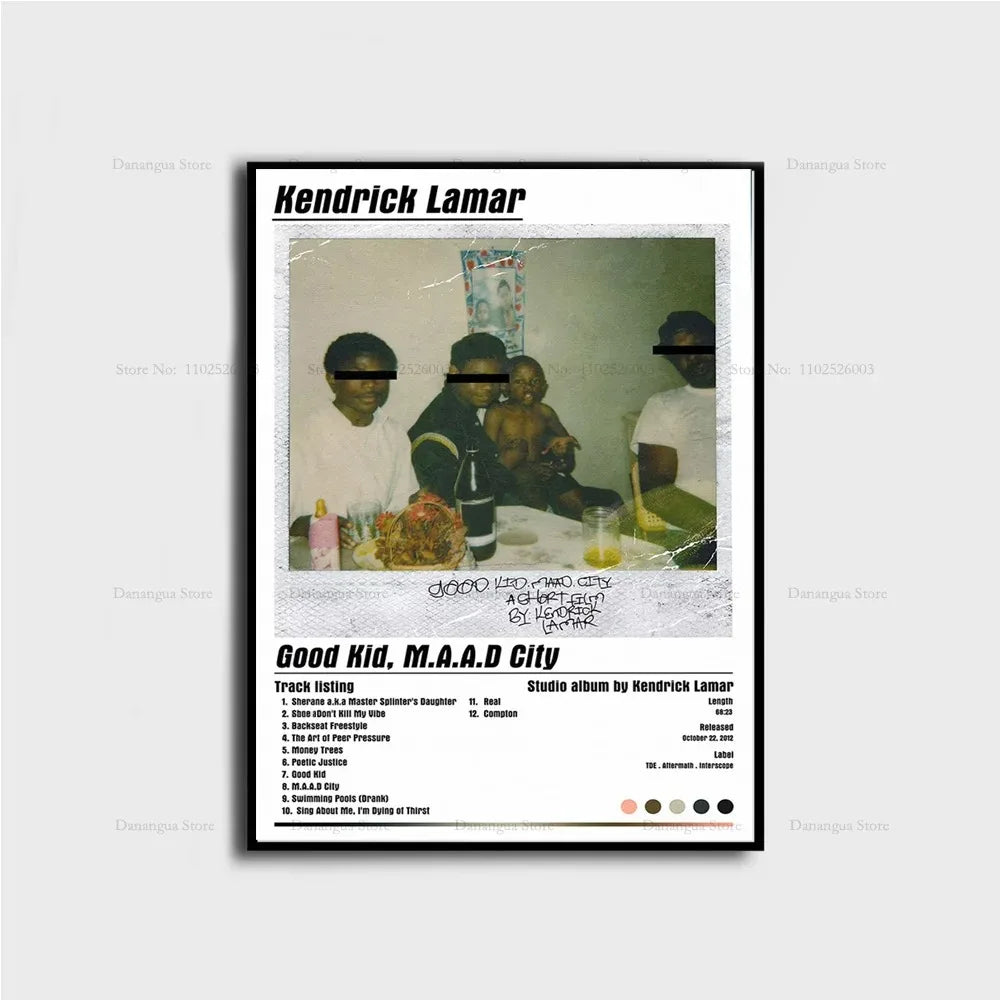 Black-framed poster of kendrick lamar good kid maad city album cover with vintage photo and track listing wall art decor