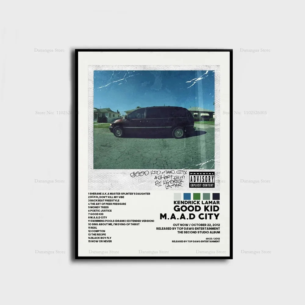 Framed poster featuring a black minivan for kendrick lamar good kid maad city hip hop album cover wall art decor