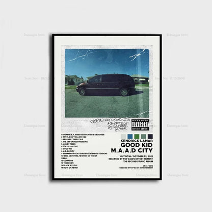 Framed poster featuring a black minivan for kendrick lamar good kid maad city hip hop album cover wall art decor