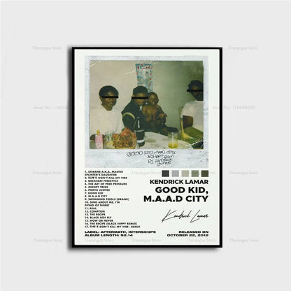 A framed poster featuring a vintage-style black and white photograph of kendrick lamar and crew with bold text art