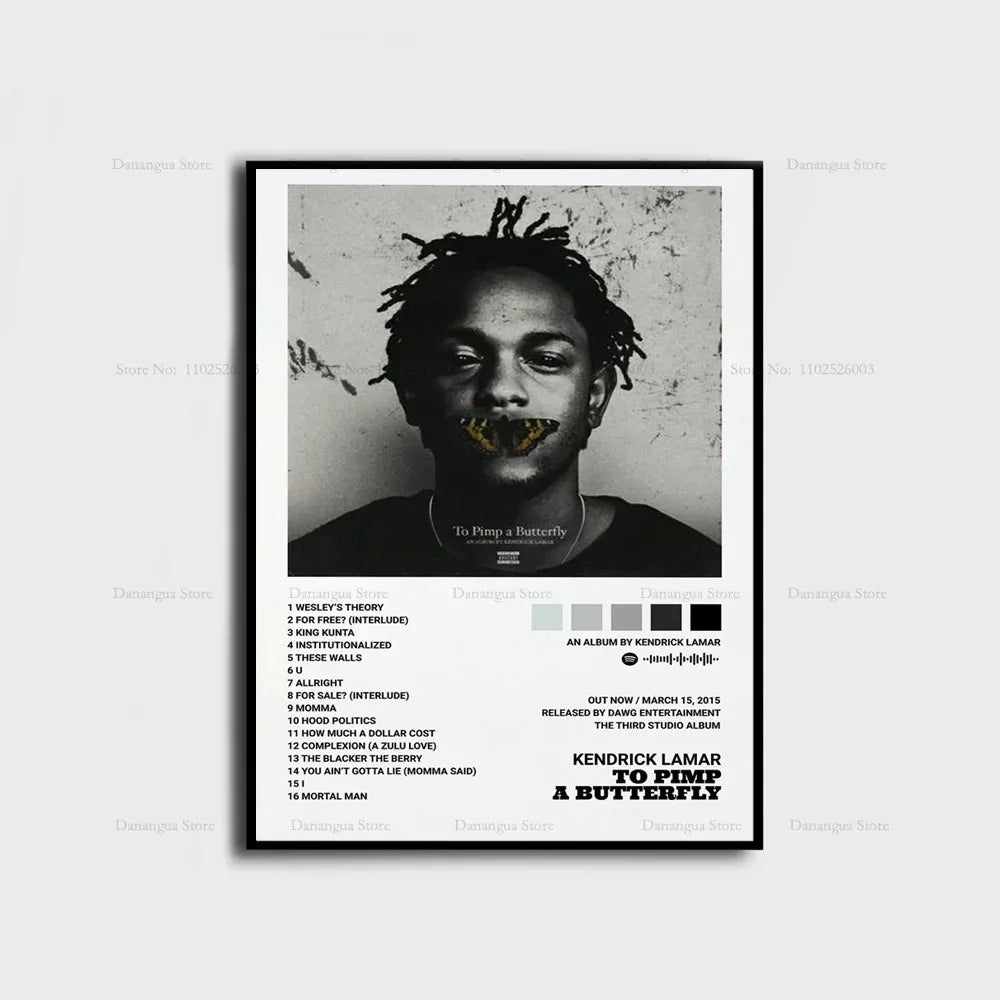 Black and white framed poster of Kendrick Lamar to pimp a butterfly album with tracklist color swatches and release details