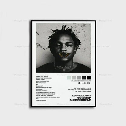 Black and white framed poster of Kendrick Lamar to pimp a butterfly album with tracklist color swatches and release details