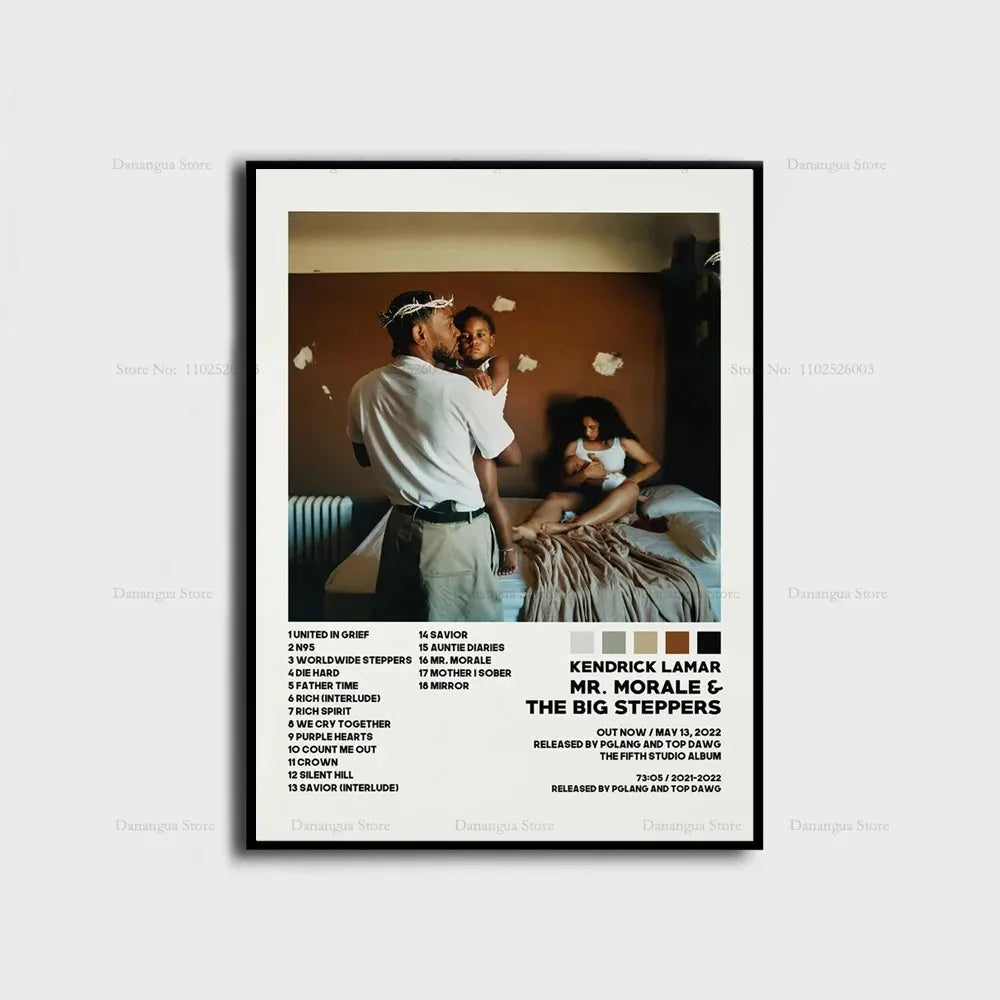 Black-framed kendrick lamar good kid maad city hip hop album cover poster with family photo and tracklist print wall art